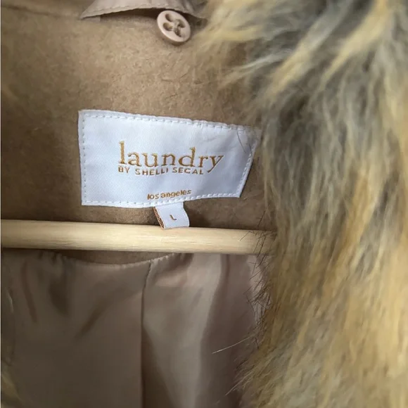Laundry Camel Wool Blend long coat w/ detachable faux fur collar Sz Large - Picture 3 of 7